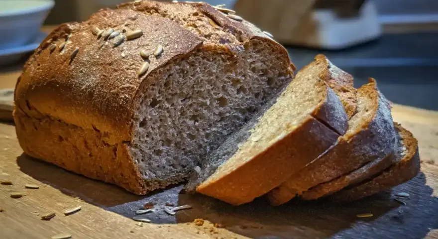 Pyszny, świeżo upieczony chleb żytni na drożdżach, posypany ziarnami słonecznika. To sprawdzony przepis na domowy wypiek.
