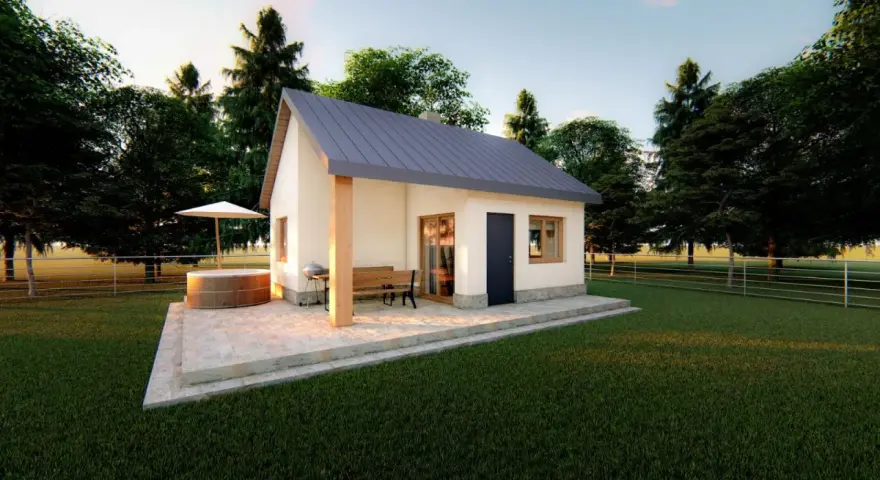 Nowy domek murowany 35m2. Koszt budowy takiego przytulnego domu z bali i jacuzzi na tarasie jest niższy niż myślisz.