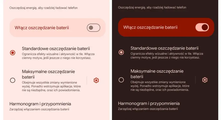 Dwa ekrany telefonu z opcjami oszczędzania baterii. Po lewej jasny motyw, po prawej ciemny. Oba pokazują włączony tryb oszczędzania energii.