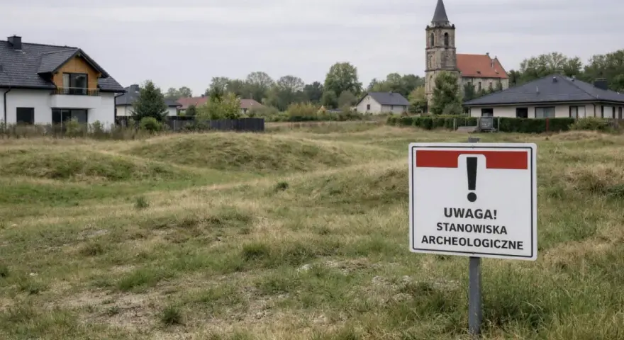 Tablica informuje o stanowiskach archeologicznych. W tle domy i kościół.