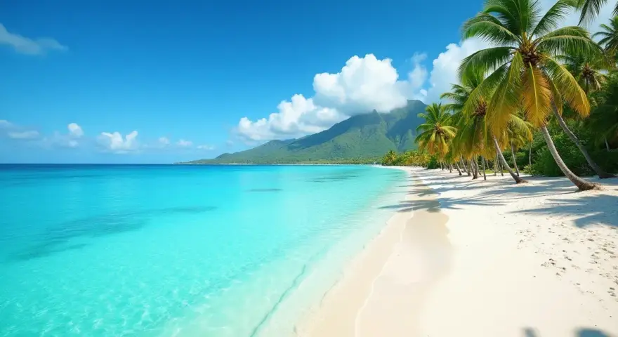 Rajska plaża z palmami i turkusową wodą. Idealna pogoda na Mauritius w listopadzie, słońce i błękitne niebo.