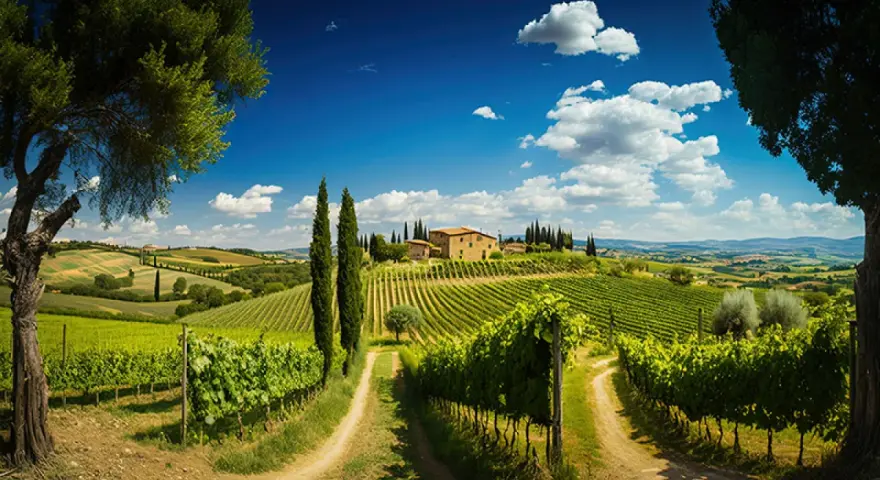 Un incantevole panorama toscano con vigneti rigogliosi, cipressi slanciati e una casa colonica in pietra. Un invito a una **ruta por la Toscana** indimenticabile.