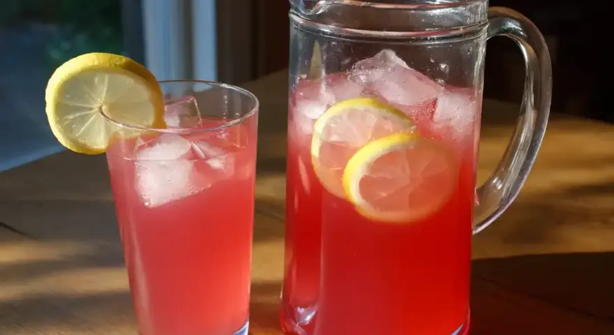 En karaff och ett glas med rabarbersaft med citron, is och citronskivor. Perfekt för en solig sommardag.
