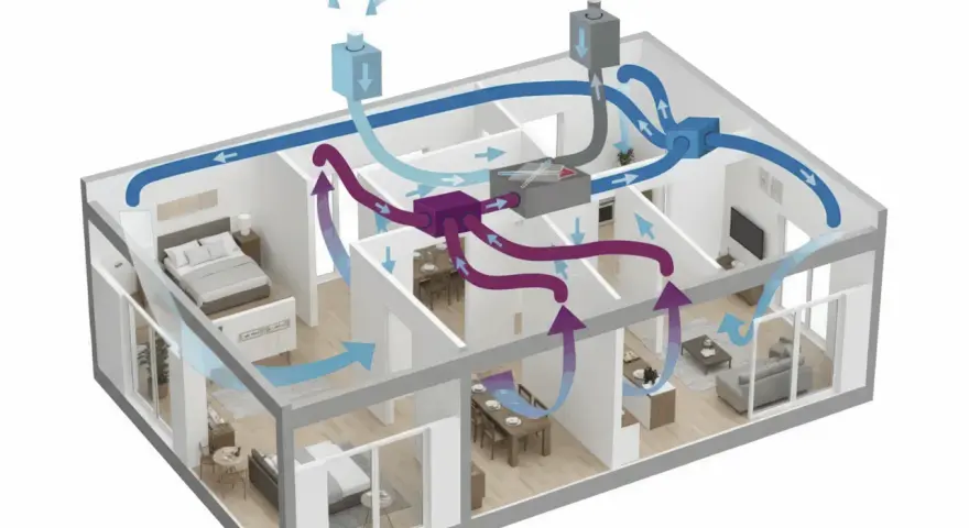 Schema che illustra vmc come funziona: aria fresca immessa (blu) e aria viziata estratta (viola) in un appartamento, con unità centralizzata.