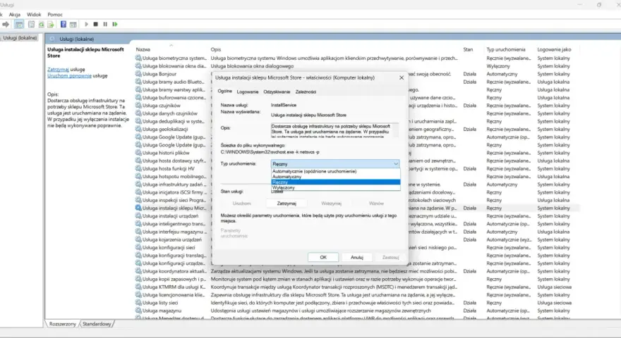 Wyłączanie usługi instalacji sklepu Microsoft Store w celu **windows 11 debloat**.