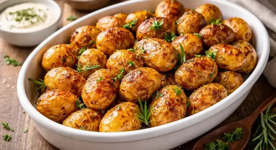 Pommes de terre grenaille dorées et croustillantes, préparées à l'airfryer, garnies d'herbes fraîches.