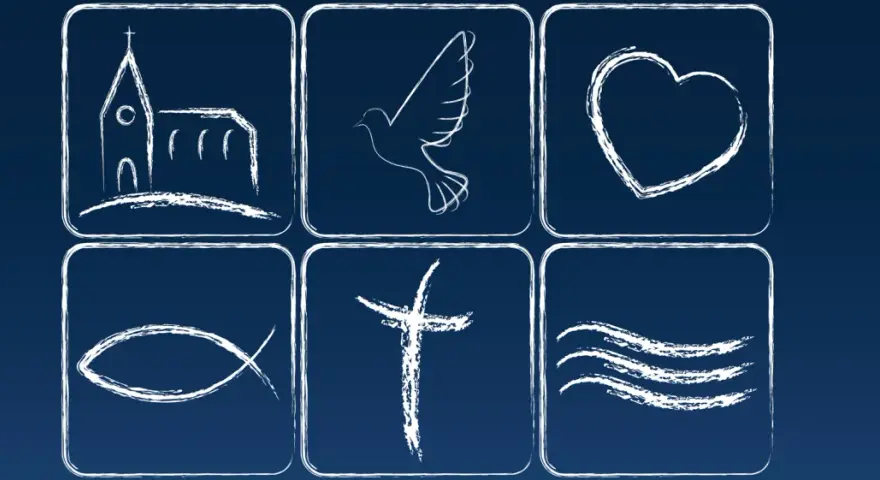 Sechs Symbole: Kirche, Taube, Herz, Fisch, Kreuz und Wellen. Sie repräsentieren das glaubensbekenntnis evangelisch.