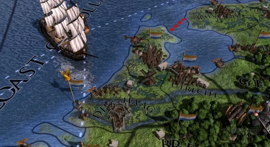 Un barco navega cerca de la costa de Holanda en Europa Universalis IV. ¡Descubre trucos para conquistar Europa!
