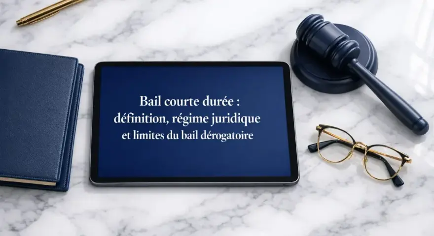 Tablette affichant "Bail courte durée : définition, régime juridique et limites du bail dérogatoire". Un marteau de juge, des lunettes et un stylo sont à proximité.