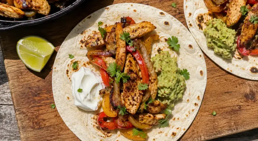 Två läckra fajitas med kyckling, paprika, lök, guacamole och gräddfil. Ett perfekt fajitas recept för en härlig middag.