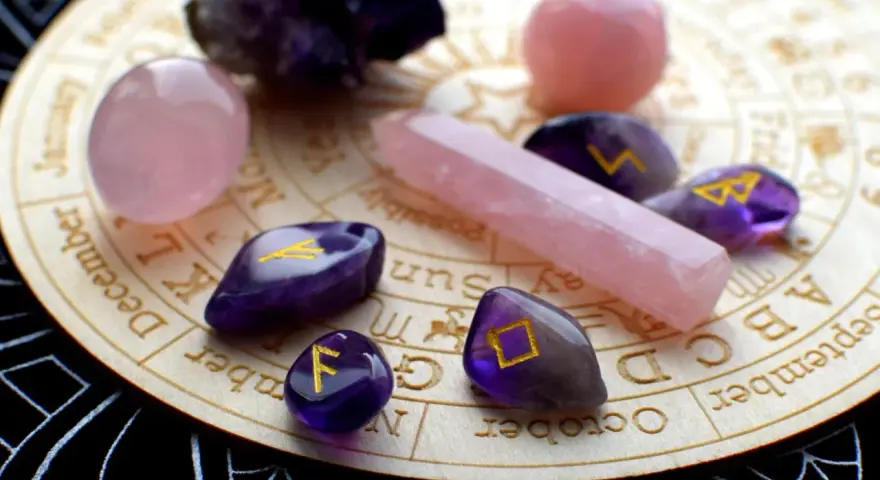 Kamienie z runami, w tym symbol przypominający kobietę skorpiona, leżą na drewnianej tarczy z miesiącami i znakami zodiaku.