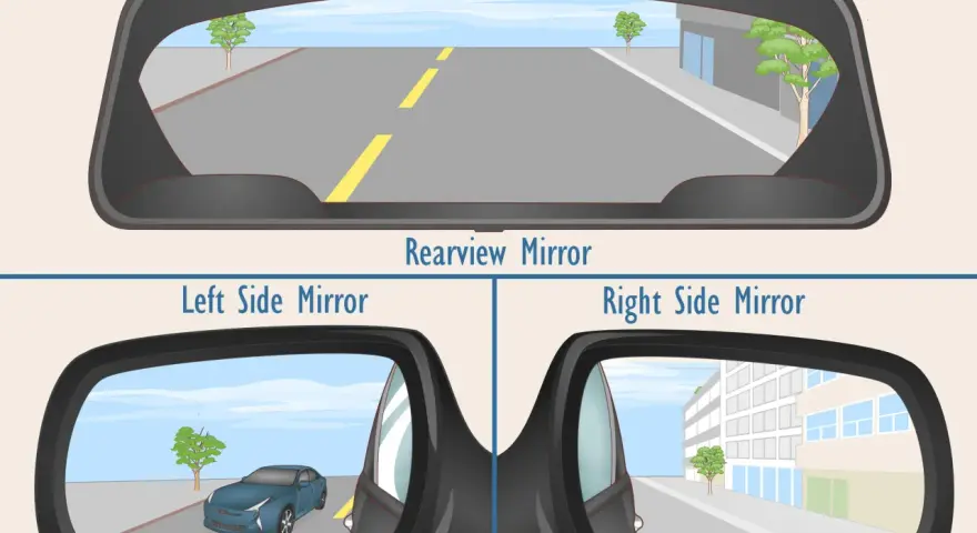 Guida su come regolare gli specchietti elettrici per una visibilità ottimale: specchietto retrovisore e laterali mostrano la strada e le auto circostanti.