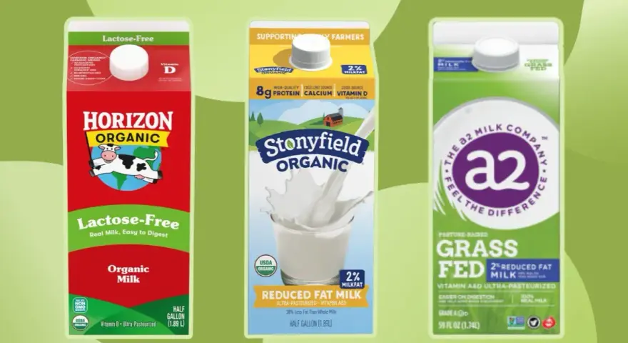 Trzy kartony mleka: Horizon Organic Lactose-Free, Stonyfield Organic Reduced Fat i A2 Milk Company Grass Fed. Które mleko jest najzdrowsze?