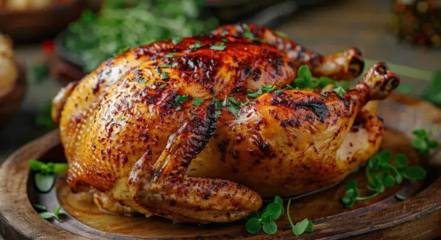 Un appétissant poulet au four, doré et croustillant, garni de persil frais sur un plateau en bois rustique.