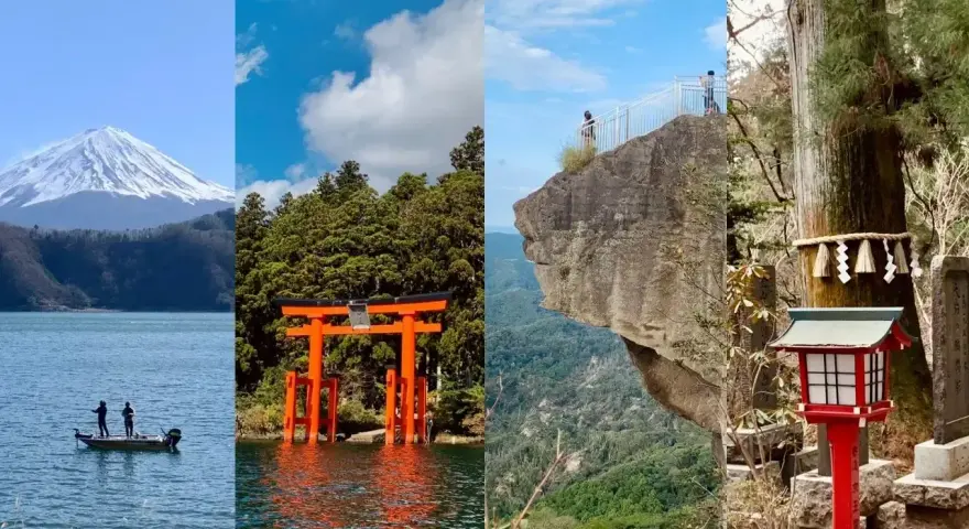 Piękne Japonia widoki: góra Fudżi, czerwona brama torii w wodzie, skalny taras widokowy i latarnia przy drzewie.