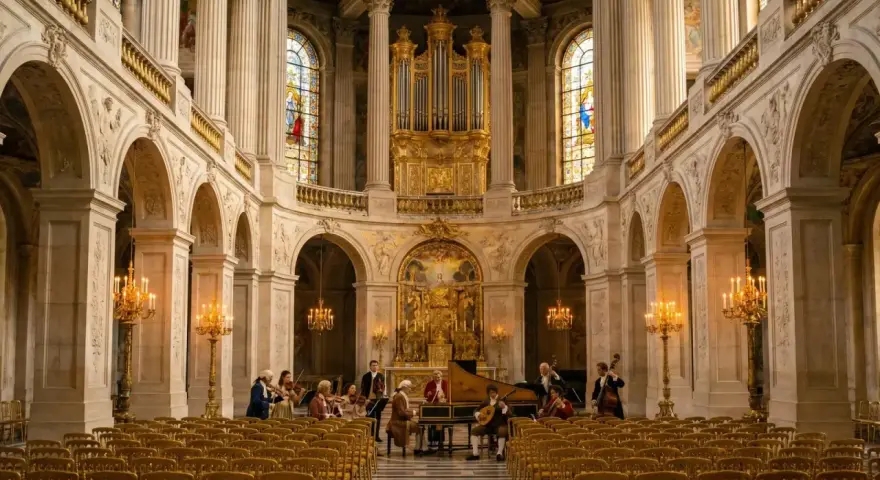 Un orchestre joue dans la chapelle royale de Versailles, devant un orgue doré et des vitraux.