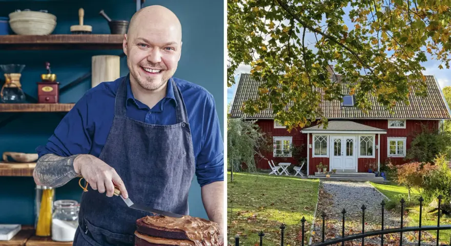 Fredriks fika: En glad bagare med en chokladtårta och ett rött hus i höstsol.