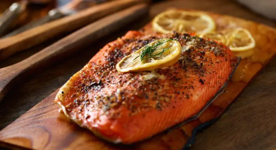 Perfekt gegarter Lachs auf Holzbrett, garniert mit Zitrone und Dill. Die ideale lachs kerntemperatur sorgt für saftigen Genuss.