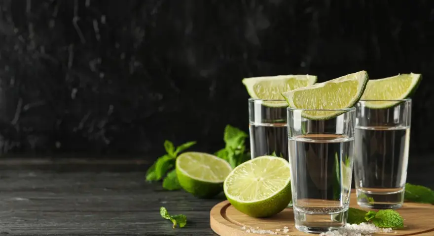 Trzy kieliszki z drinkiem z mezcalem lub tequilą, ozdobione ćwiartkami limonki i miętą, na tle czarnej ściany.
