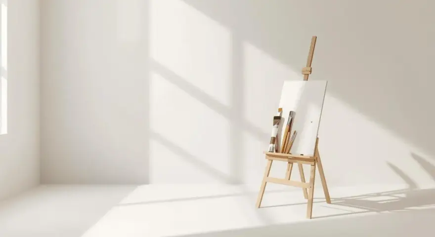 Chevalet en bois avec une toile avant peinture et des pinceaux, dans une pièce baignée de lumière naturelle.