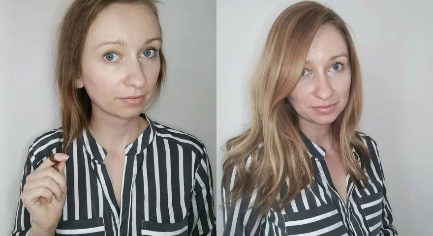 Frau mit dünnem Haar, das auf Haarausfall bei Frauen hindeutet, im Vergleich zu vollerem, längerem Haar.
