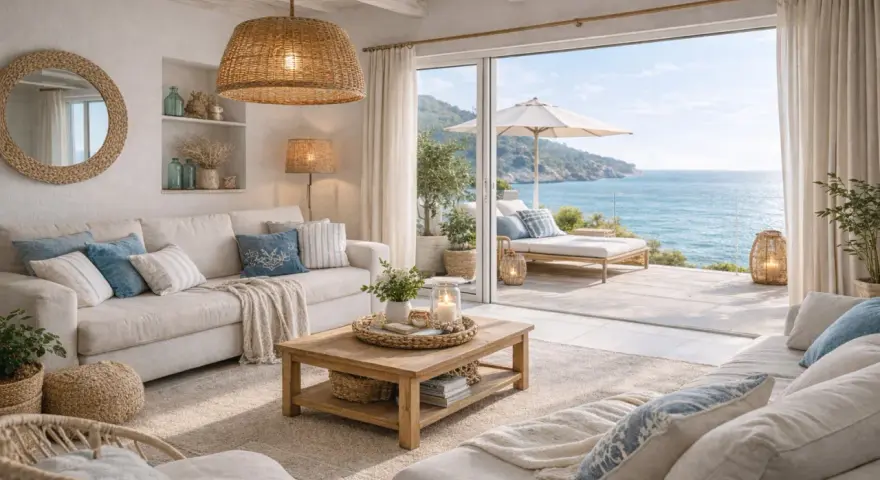 Arredo case al mare: soggiorno luminoso con divani chiari, tavolino in legno e vista mozzafiato sul mare.