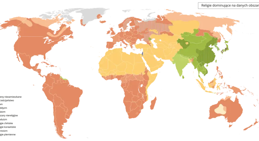 Mapa świata ukazująca dominujące religie. Tanzania, podobnie jak duża część Afryki, jest zaznaczona kolorem pomarańczowym, co oznacza chrześcijaństwo.