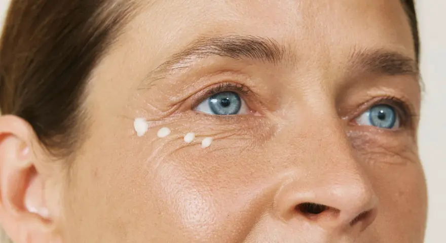 Augenpartie einer Frau über 40 mit feinen Linien und aufgetupfter Creme.