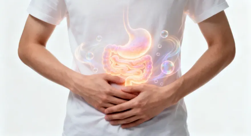 Ein Mann hält sich den Bauch, auf dem Magen und Darm leuchten. Bläschen und Rauch deuten auf ein Gluckern im Bauch hin.