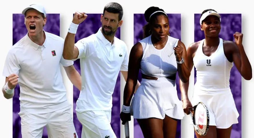 Tenistas celebran victoria. Novak Djokovic, Serena y Venus Williams, y otro jugador, listos para la acción cuando juega sinner.