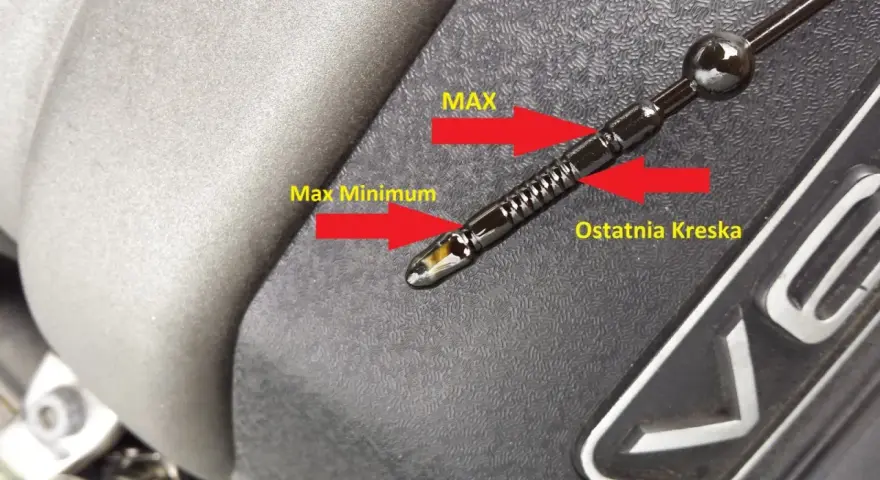 Poziom oleju w Audi A4 B6 1.9 TDI. Miarka pokazuje, że olej jest między minimum a maksimum.