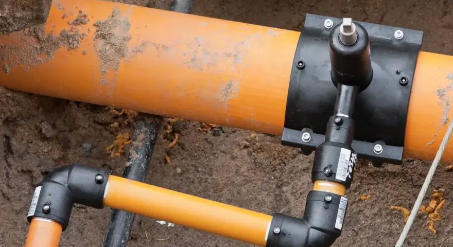 Ein orangefarbenes Rohr mit einem schwarzen Anschlussstück, das für den Gas Hausanschluss vorbereitet wird.