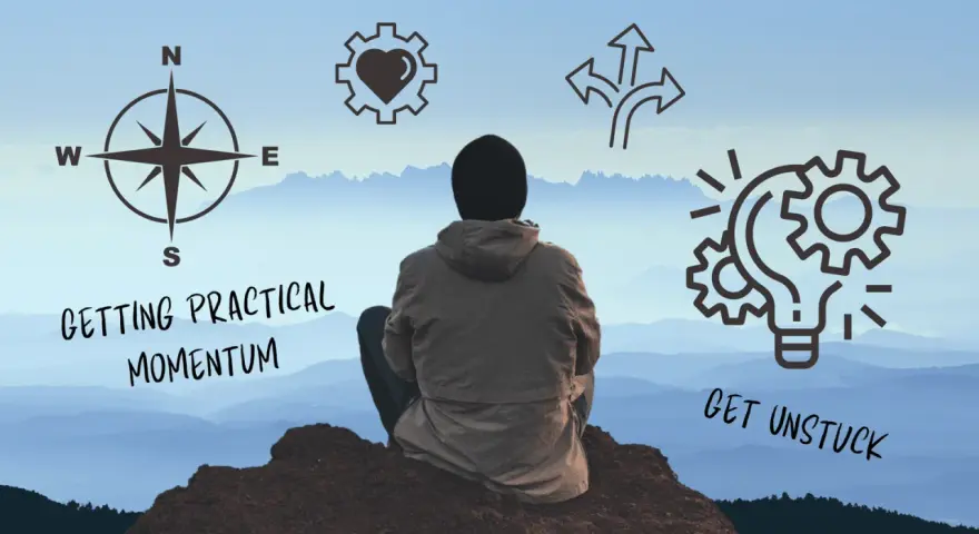 A person sits on a mountaintop, contemplating how to get unstuck. Icons represent direction, heart, choices, and ideas.