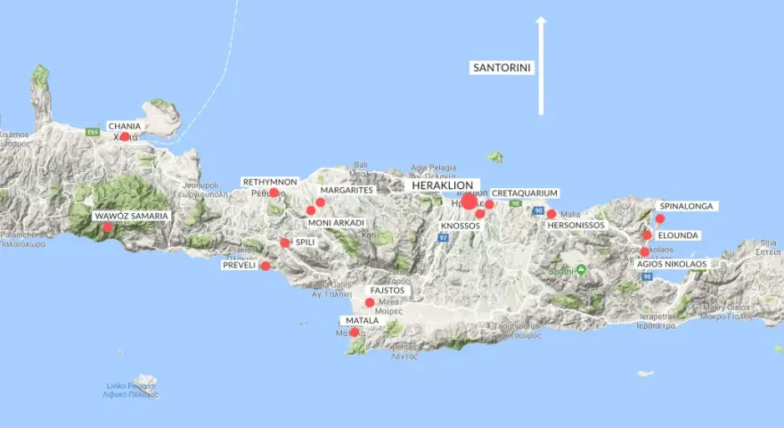 Kreta leży nad Morzem Śródziemnym. Mapa pokazuje główne miasta i atrakcje wyspy, od Chanii po Sitia.