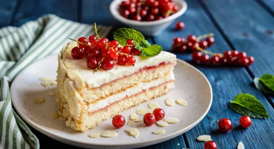 Pyszny tort z kremem i porzeczkami, idealny do przepisów na najmodniejsze ciasta.