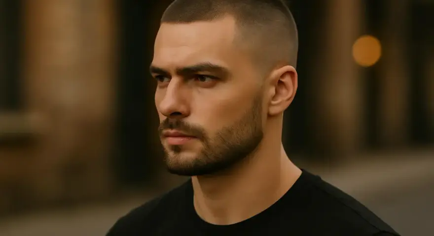 Hombre con un corte de pelo buzz cut y barba cuidada, mirando a lo lejos con expresión seria.