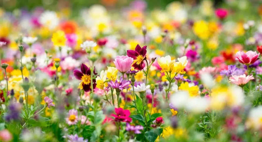 Un campo vibrante de flores silvestres en mayo, mes de las flores, estalla en colores: rosas, amarillos, blancos y morados.