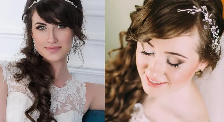 Eleganckie fryzury na wesele z grzywką, warkocze i loki, ozdobione tiarami i spinkami.