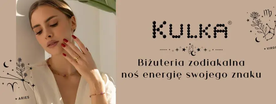 Kobieta z biżuterią, logo KULKA i znaki zodiaku. Poczuj energię swojego znaku, jak noc kairu znak zodiaku.
