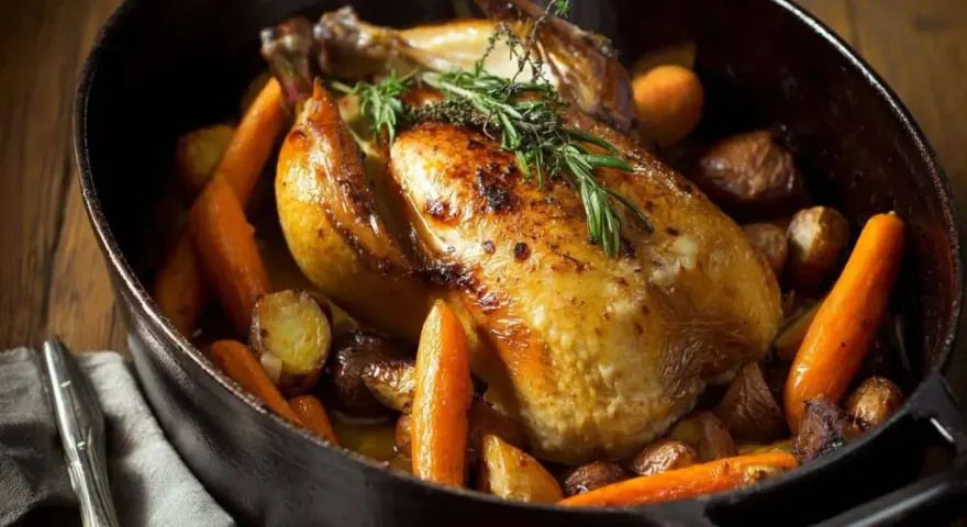 Une pintade en cocotte dorée, garnie de carottes et de pommes de terre rôties, avec des herbes fraîches. Un plat savoureux et réconfortant.