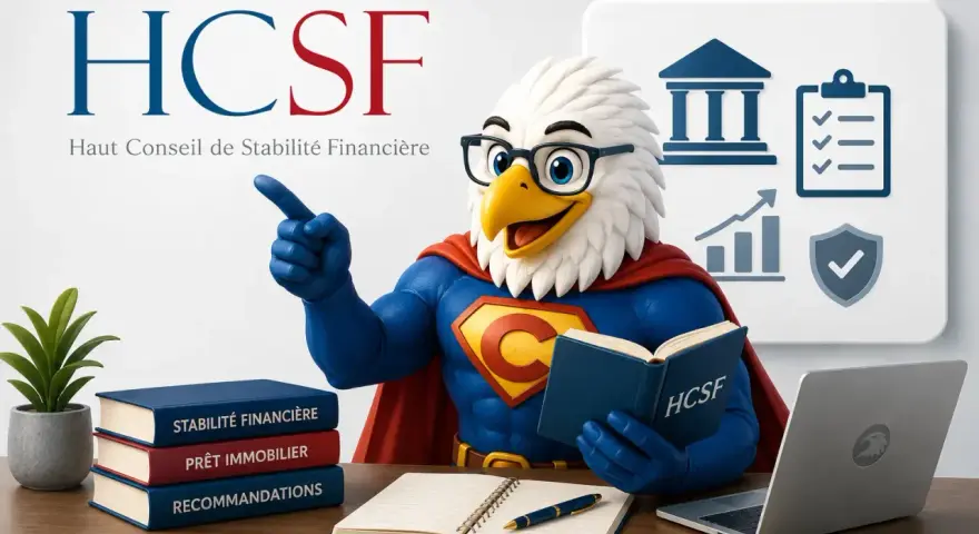 Super-aigle HCSF, gardien de la stabilité financière, lit un livre sur le crédit immobilier.
