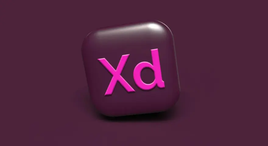 Ikona Adobe XD w kolorze fuksji na ciemnofioletowym tle.
