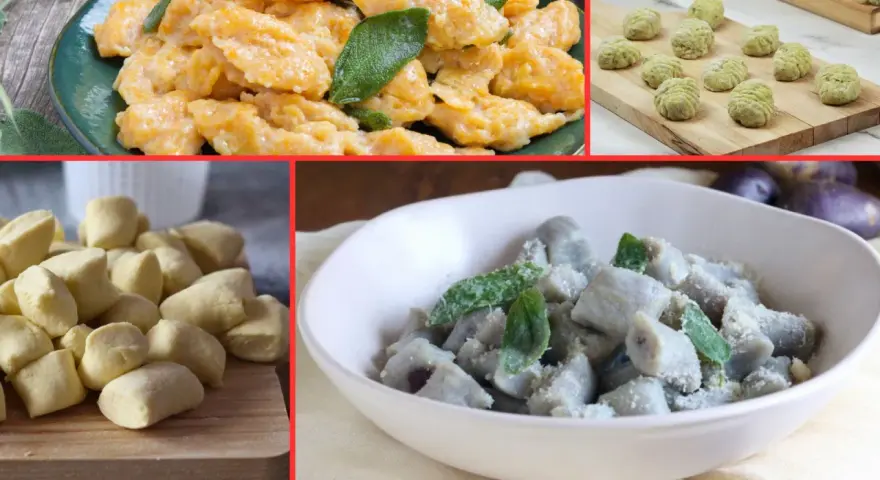 Gnocchi di patate, zucca e verdi: un viaggio visivo su come cucinare gli gnocchi, dal crudo al piatto pronto.