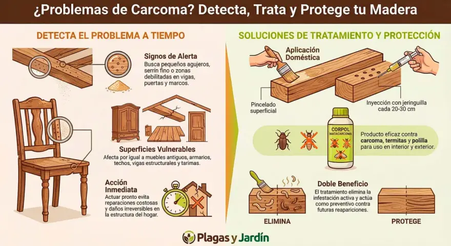 Ilustración sobre cómo detectar y aplicar tratamiento contra termitas en madera, mostrando signos de alerta, superficies vulnerables y métodos de aplicación.