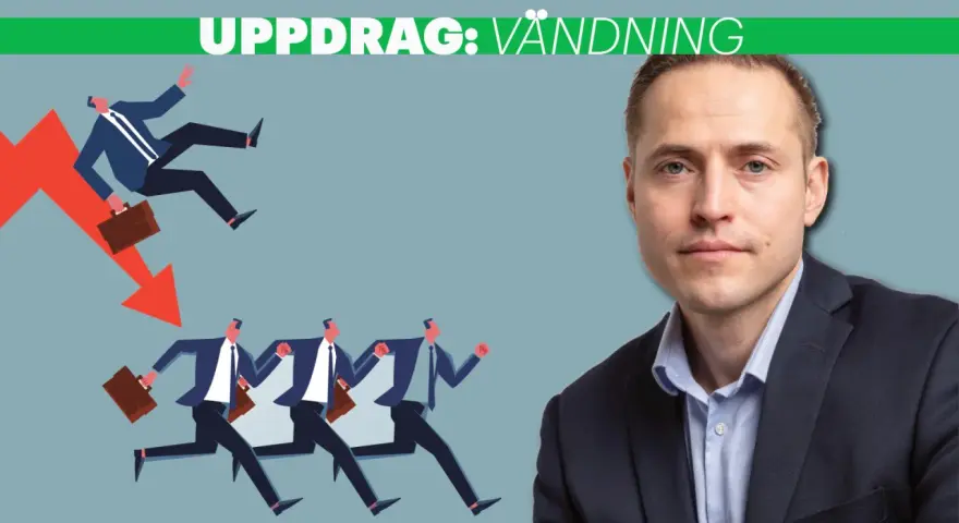 En man i kostym ser bekymrad ut. Nedanför honom springer flera män med portföljer mot en röd pil som pekar nedåt. Kanske han känner separationsångest inför att byta jobb.