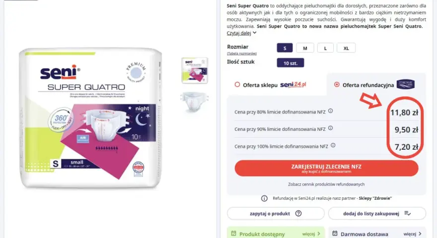Pieluchomajtki Seni Super Quatro rozmiar S, 10 szt. Cena przy 100% dofinansowaniu NFZ wynosi 7,20 zł.