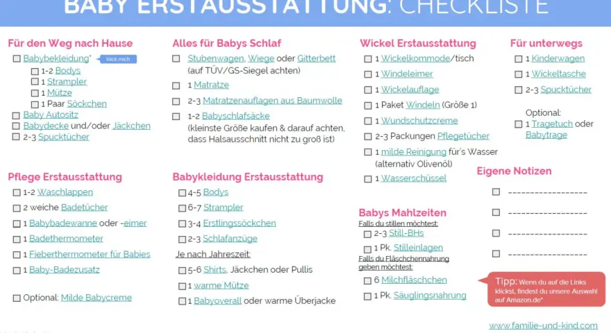 Checkliste für die Baby Erstausstattung: Kleidung, Pflege, Wickeln, Schlafen, unterwegs, Mahlzeiten & Notizen.