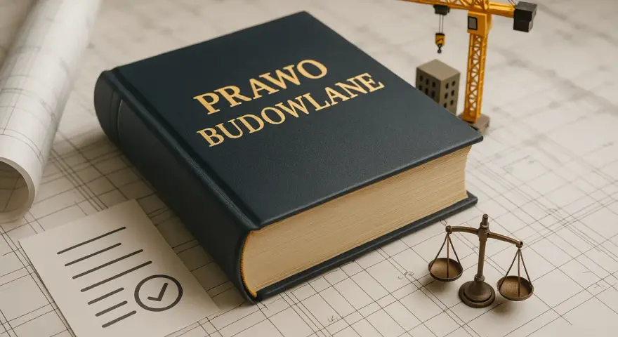 Księga "Prawo Budowlane" obok wagi sprawiedliwości i makiety dźwigu symbolizuje nowelizację prawa budowlanego.