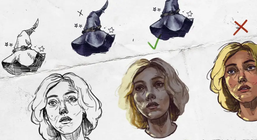 Szkice postaci i kapeluszy czarownic, pokazujące proces tworzenia w digital painting. Kurs artystyczny.
