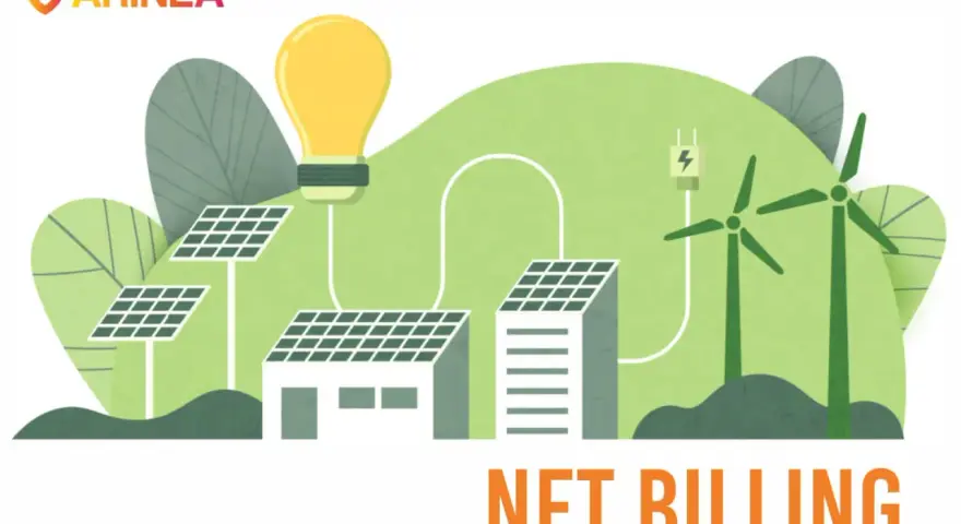 Grafika pokazuje panele słoneczne, turbiny wiatrowe i żarówkę, symbolizujące odnawialne źródła energii. Podpis "NET BILLING" sugeruje analizę opłacalności tego systemu.